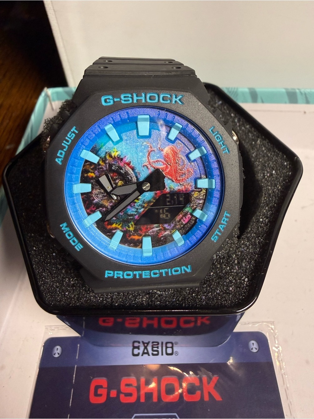 G-Shock Black and Bright Blue Tropical Dial Watch